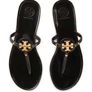 Tory Burch Mini Miller Sandal in black with gold hardware